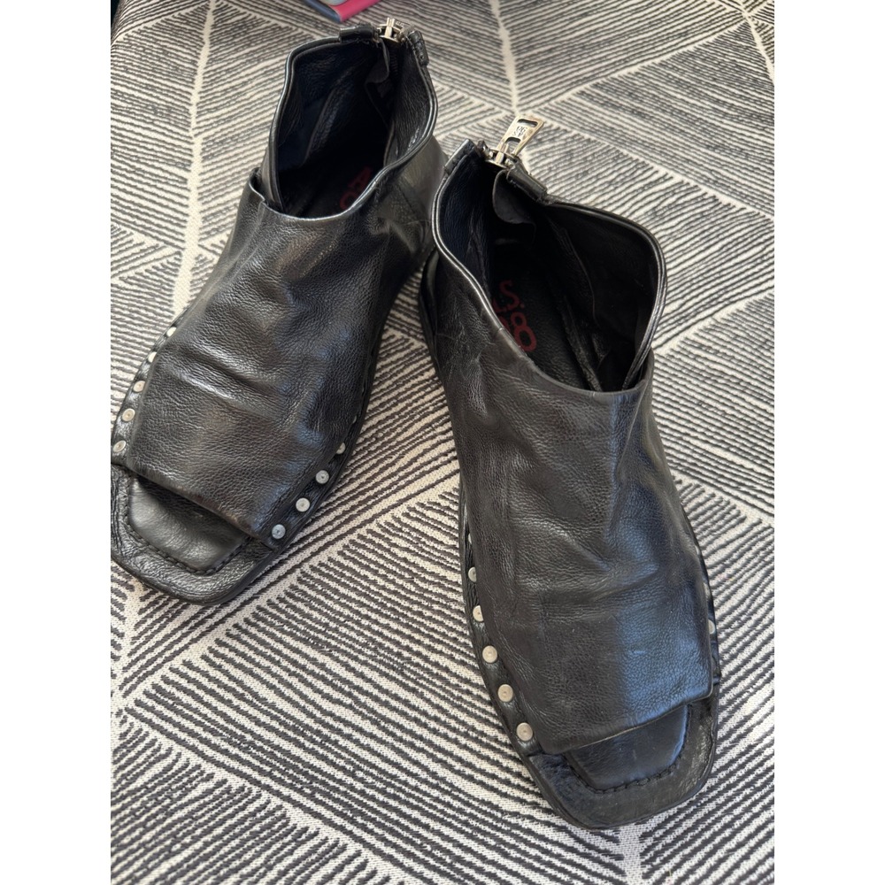 AS98 Leather Studded Open Toe Ankle Booties Black Zipper‎ Detail Size 37